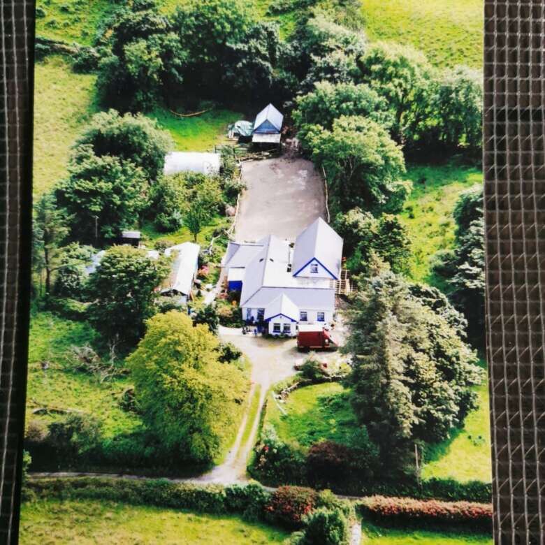 Beautiful aerial view of a spacious countryside home in Cloonagh, County Sligo, surrounded by lush g.
