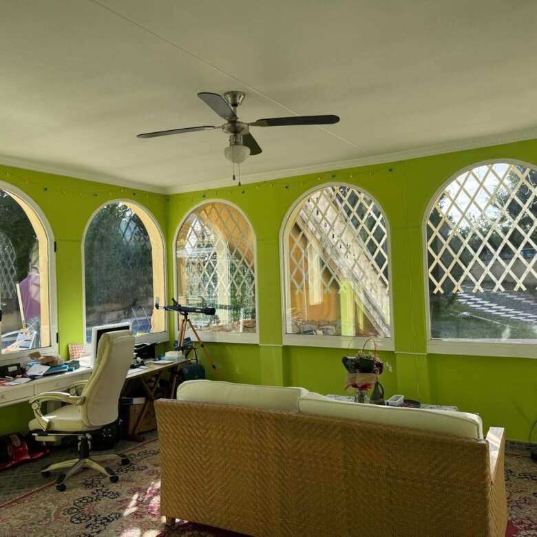 Bright living room with vibrant green walls, spacious windows, and modern ceiling fan, perfect for r.