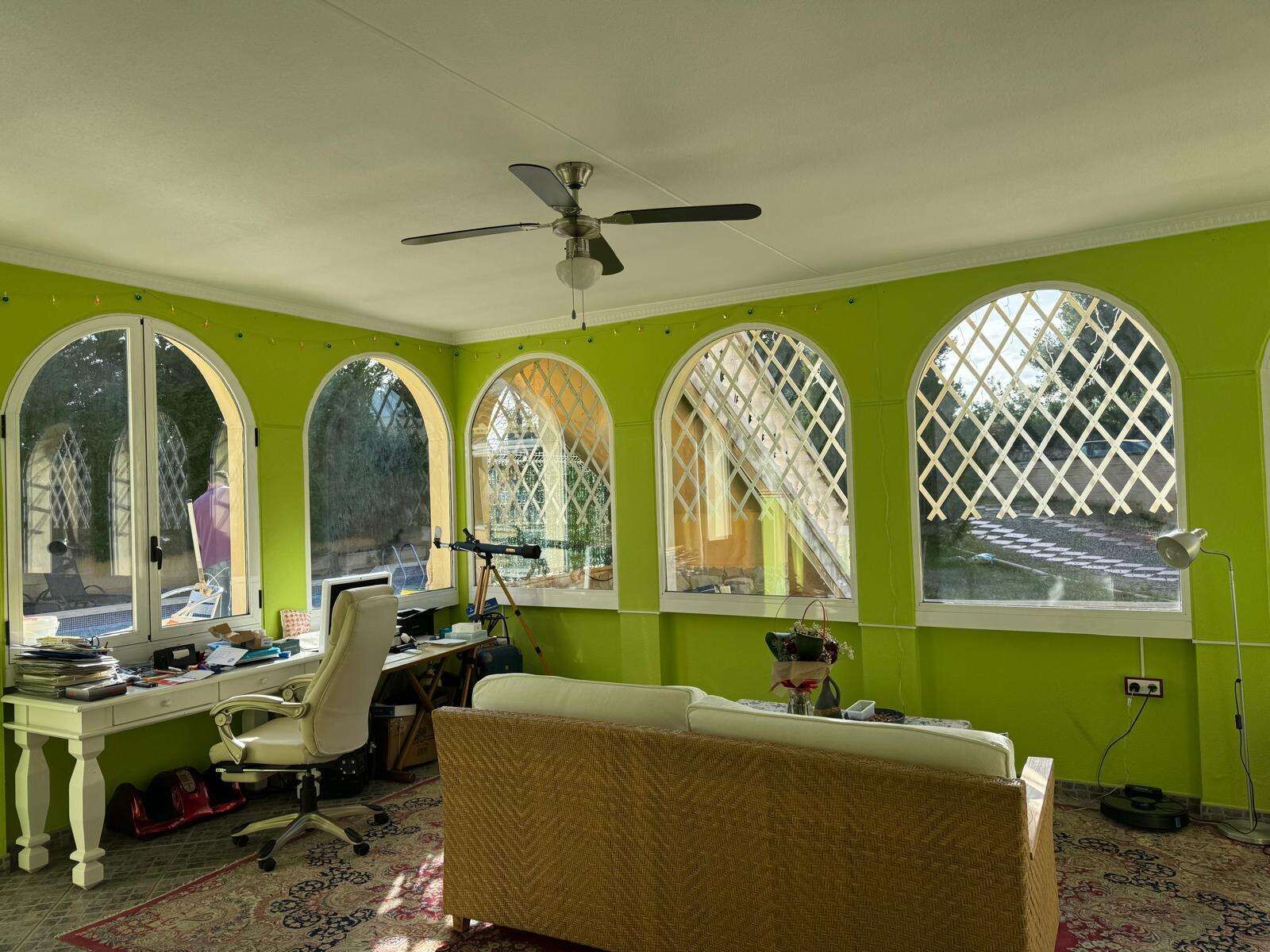 Bright living room with vibrant green walls, spacious windows, and modern ceiling fan, perfect for r.