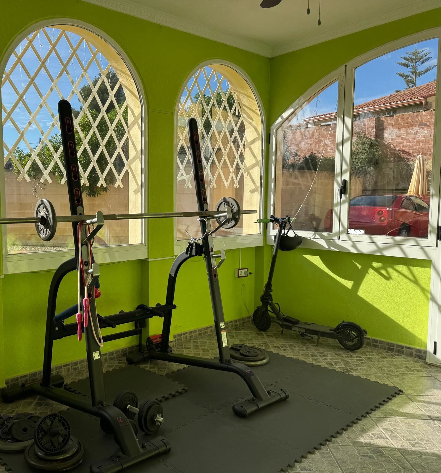 Bright green home gym with workout equipment and large windows.