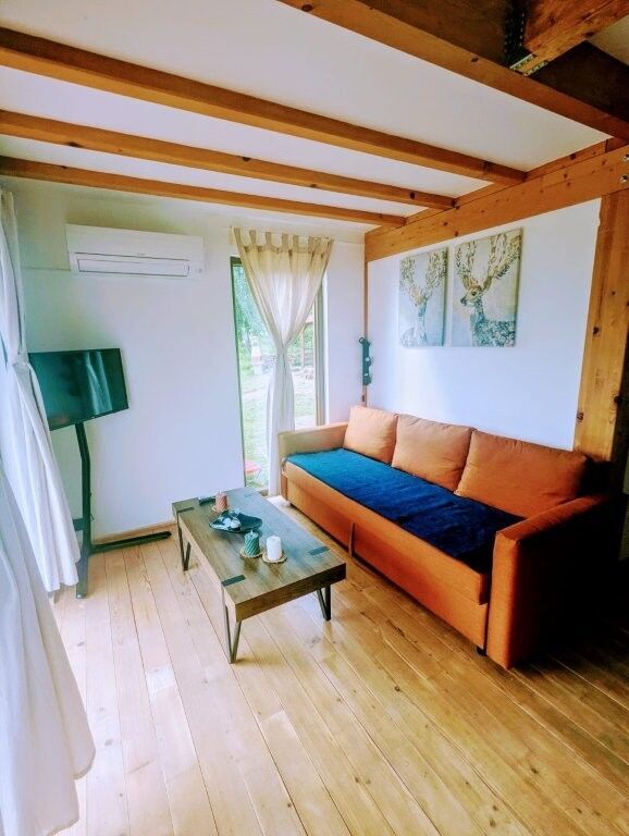 Charming log cabin interior with a comfortable sofa, wooden beams, and natural light in Grozăvești.