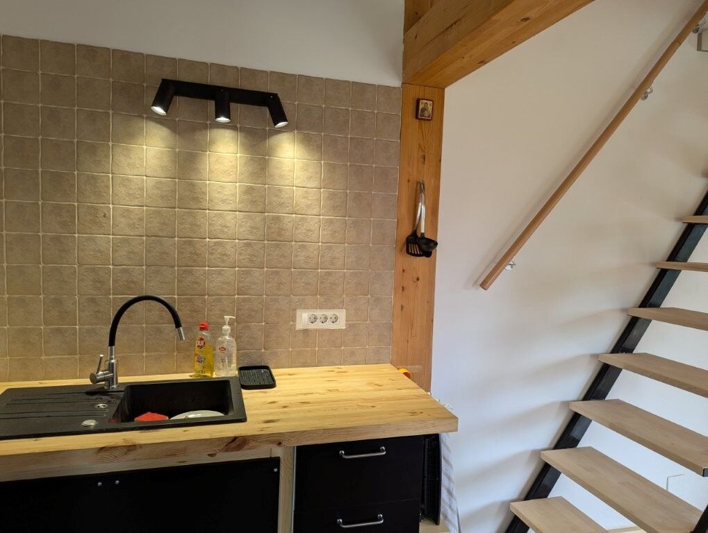Charming 1-bedroom log cabin kitchen with modern fixtures in Grozăvești, perfect for a peaceful retr.