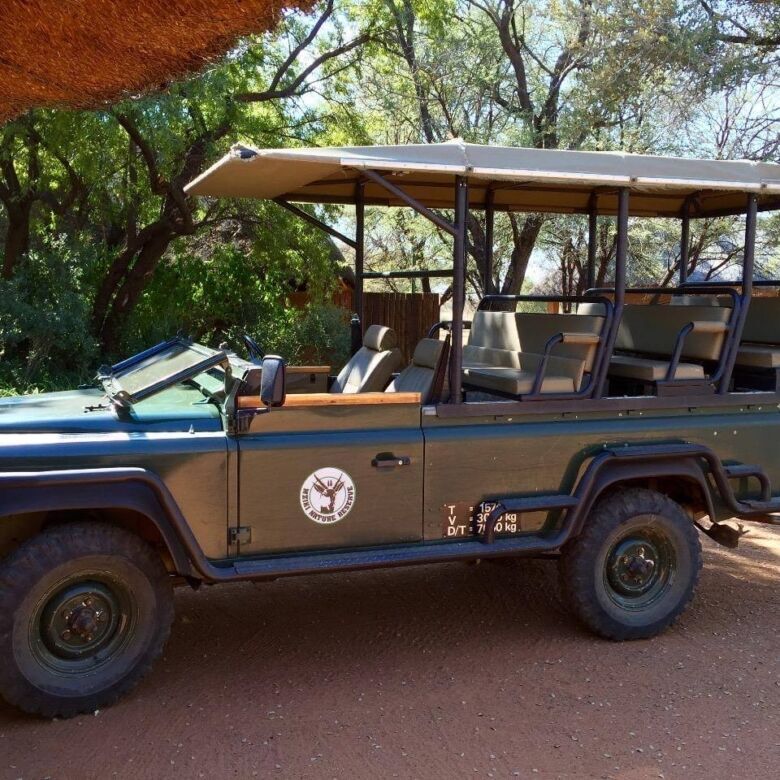 Golf cart in a lush, green natural reserve setting.