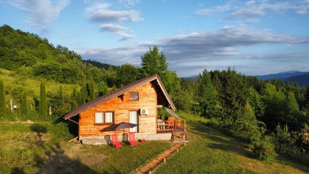Cozy 1-bedroom log cabin for sale in scenic Grozăvești, surrounded by lush greenery and mountain vie.