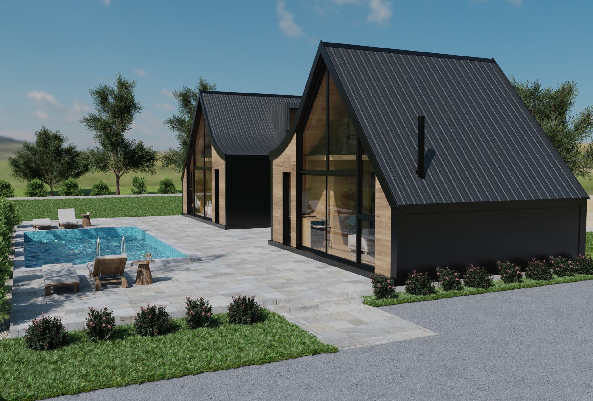 Elegant modern villas with large glass windows and private pool in Ogulin. Perfect for lakeside livi.