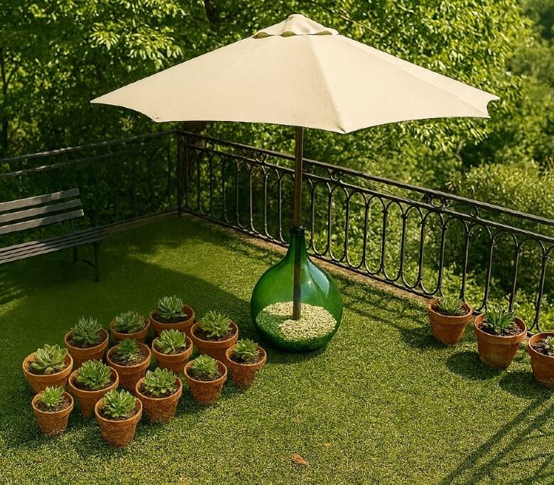Beautiful outdoor terrace featuring potted succulents, a large umbrella, and a scenic green backdrop.