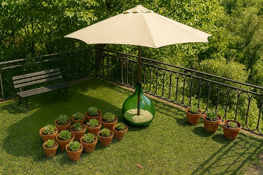 Charming Villa Garden with Potted Plants and Umbrella Beautiful outdoor terrace featuring potted succulents, a large umbrella, and a scenic green backdrop.