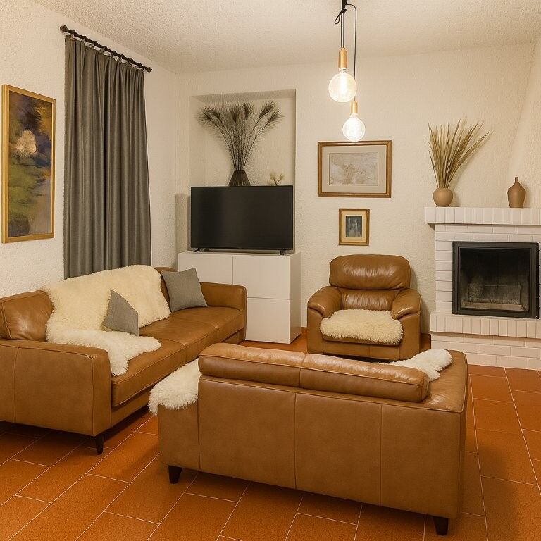 Comfortable living room featuring leather sofas, a fireplace, and elegant decor in a modern home.