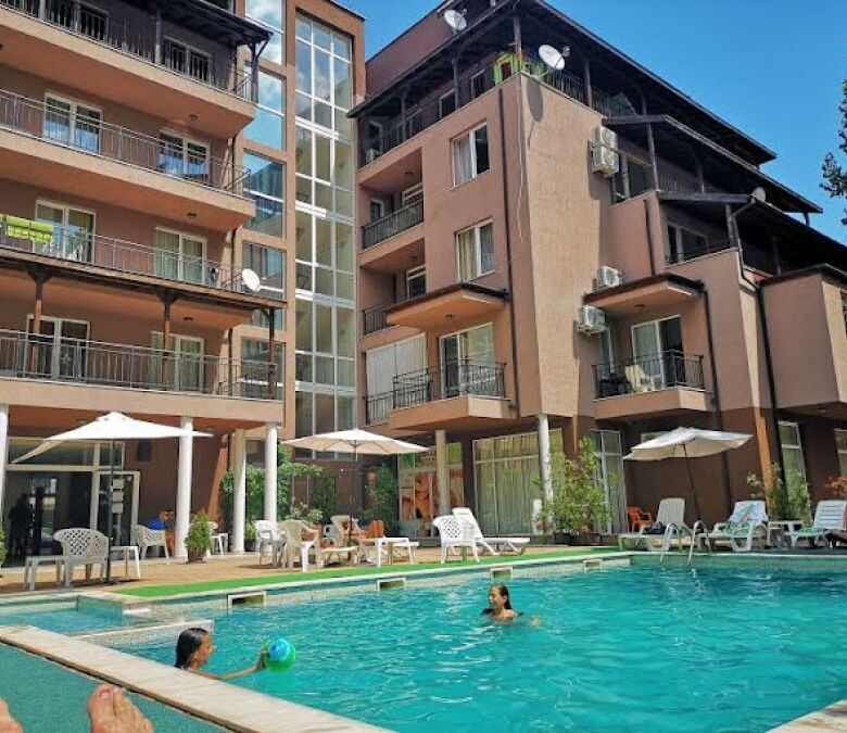 Pool view 1-bedroom apartment in Sunny Beach, St. Sofia with modern amenities.
