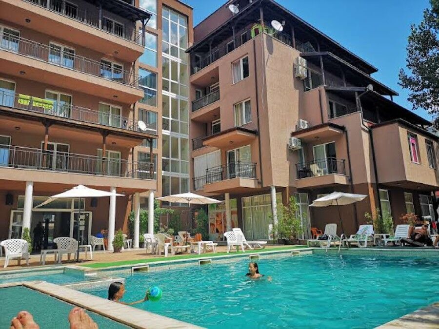 Pool view 1-bedroom apartment in Sunny Beach, St. Sofia with modern amenities.
