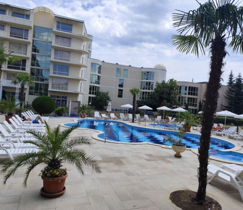 Beachside apartment pool area in Sunny Beach, Bulgaria.