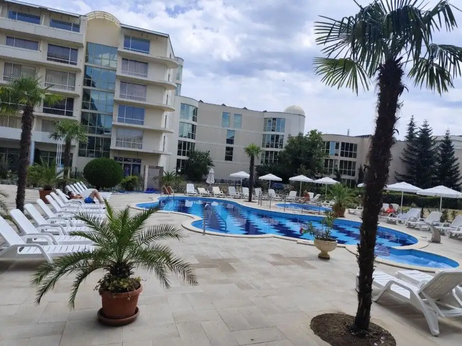 Beachside apartment pool area in Sunny Beach, Bulgaria.