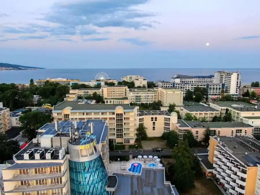 Beachside cityscape view from Sol E Mar apartment in Sunny Beach.