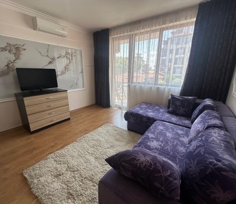 Furnished studio apartment of 35 sq.m. in Apollon complex, Ravda, with living area, sofa, and large.