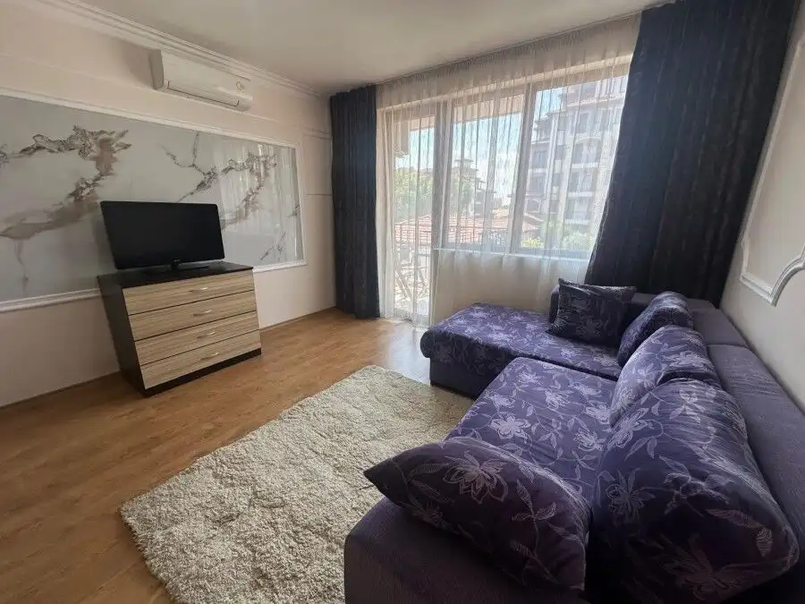 Furnished studio apartment of 35 sq.m. in Apollon complex, Ravda, with living area, sofa, and large.