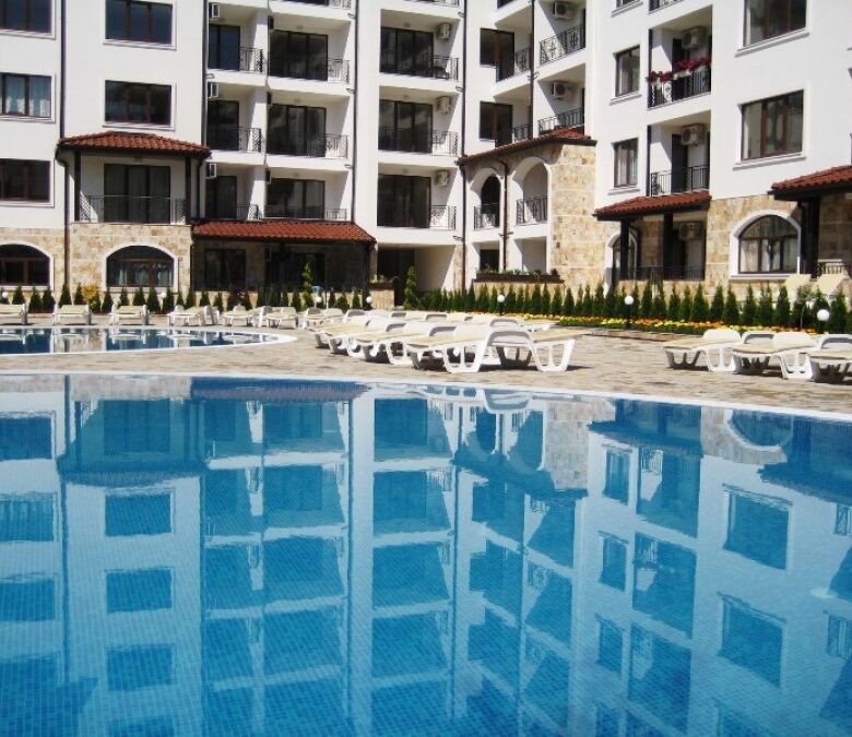 Pool area at Apollon apartments in Ravda, Bulgaria.
