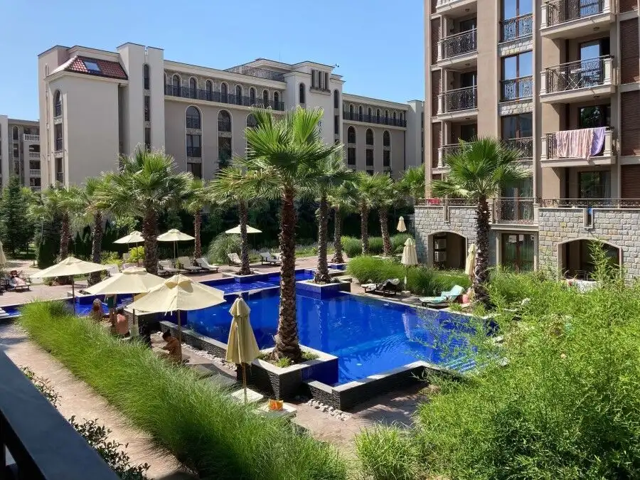 Bright furnished apartment in Cascadas Family Resort, Sunny Beach, with access to pool and lush gard.