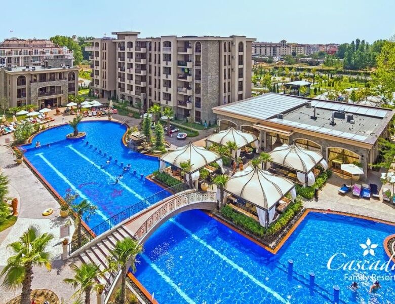 Pool view 2-bedroom apartment in Cascadas Family Resort, Sunny Beach, with access to pools and resor.
