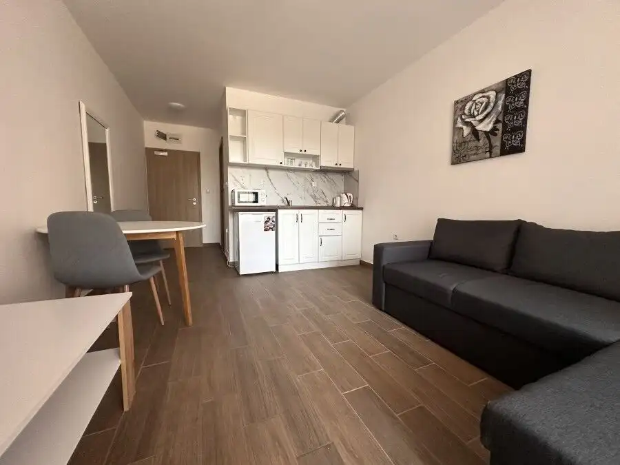 Bright studio apartment with park views, new furniture, and compact kitchen in Cascadas Family Resor.