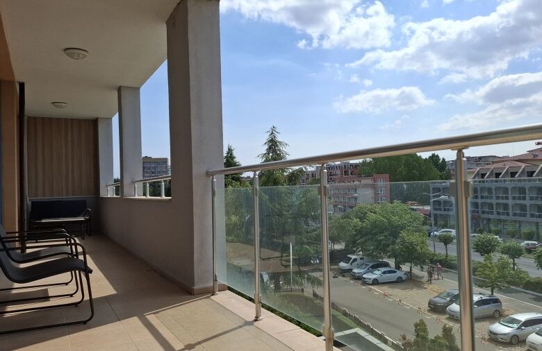 Balcony of a luxurious apartment overlooking Sunny Beach and surrounding area.