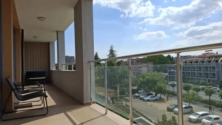 Balcony of a luxurious apartment overlooking Sunny Beach and surrounding area.