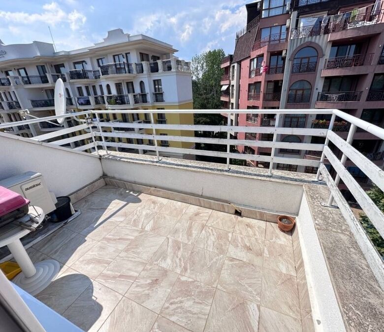 Bright balcony with city views in Robinson Gardens, Sunny Beach. Perfect for relaxing or entertainin.