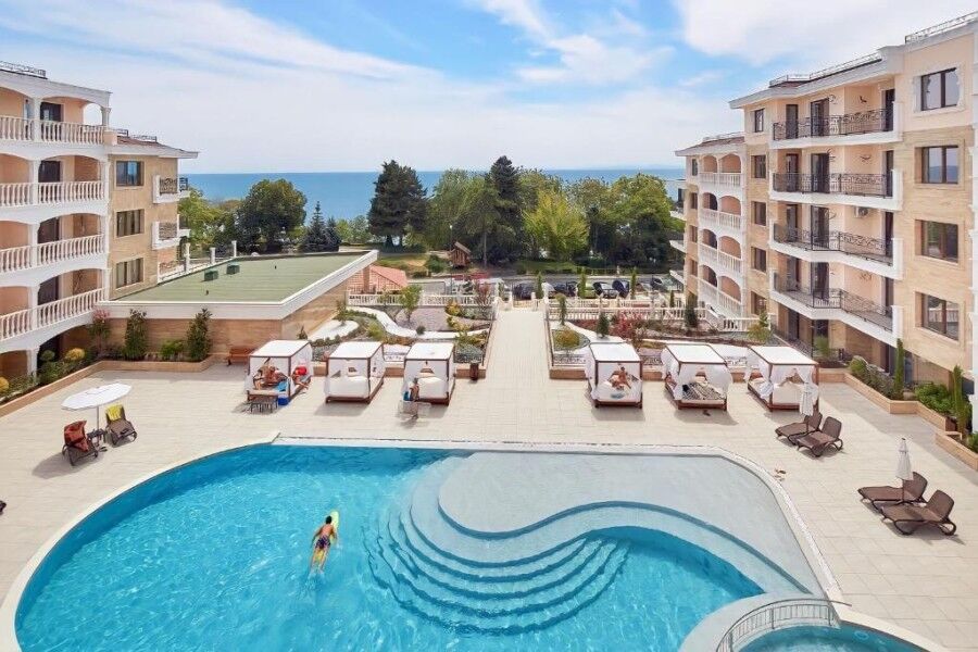 Sea view studio, 44 sq.m., in top complex Valencia Gardens, Nessebar, with pool and lush surrounding.