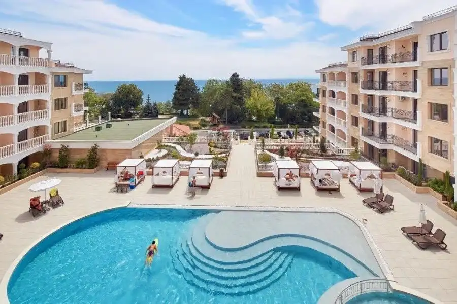 Sea view studio, 44 sq.m., in top complex Valencia Gardens, Nessebar, with pool and lush surrounding.