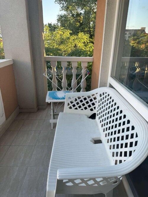 Balcony of a sunny 1-bedroom apartment in Villa Aria, Sunny Beach.