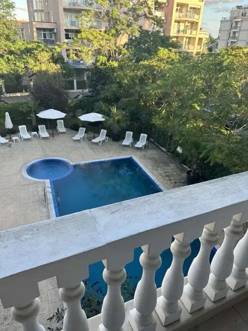 Pool view from a sunny 1 BED apartment in Villa Aria, Sunny Beach center.