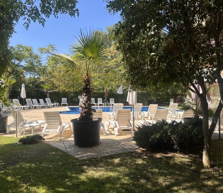 Bright outdoor pool area with lounge chairs and lush greenery.