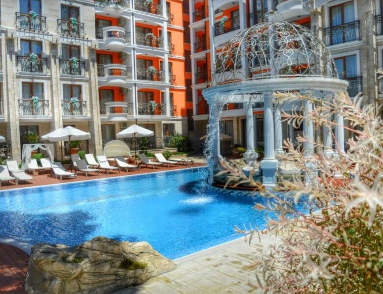 Pool and garden view at Harmony Palace, Sunny Beach.