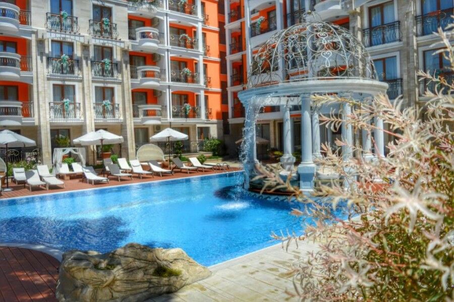 Pool and garden view at Harmony Palace, Sunny Beach.