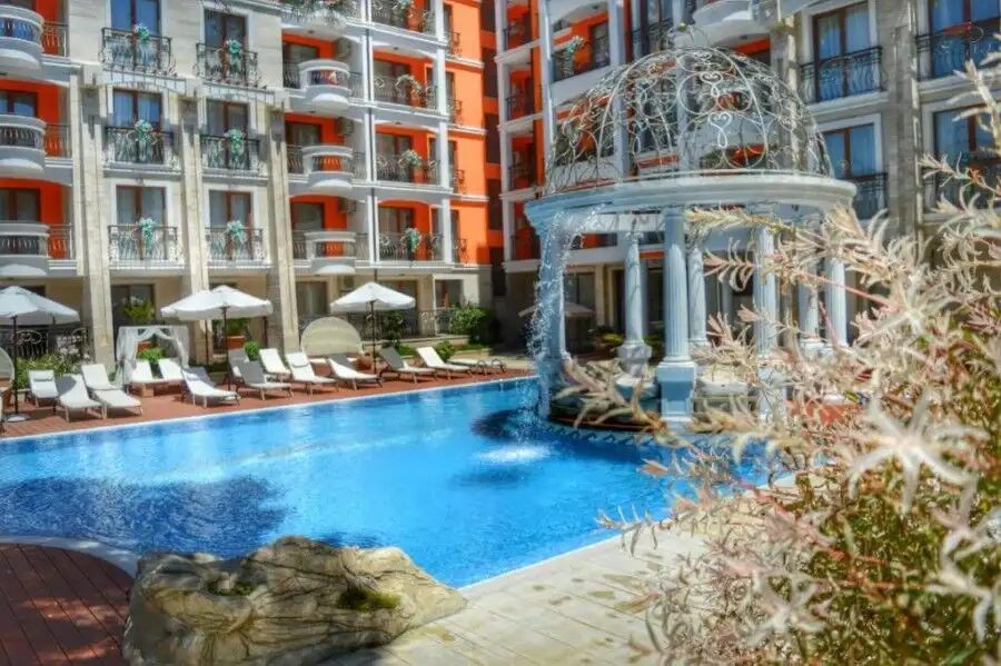 Pool and garden view at Harmony Palace, Sunny Beach.