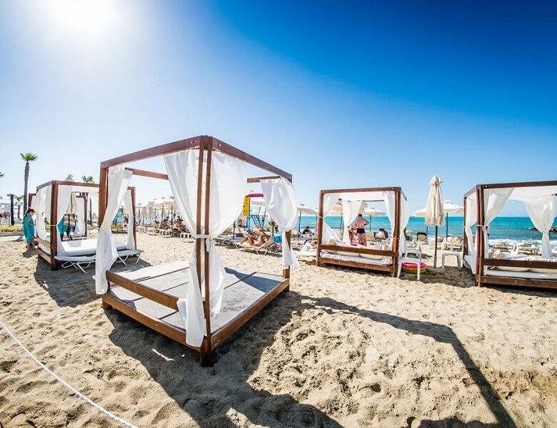 Beach cabanas at Elenite Resort, Bulgaria.