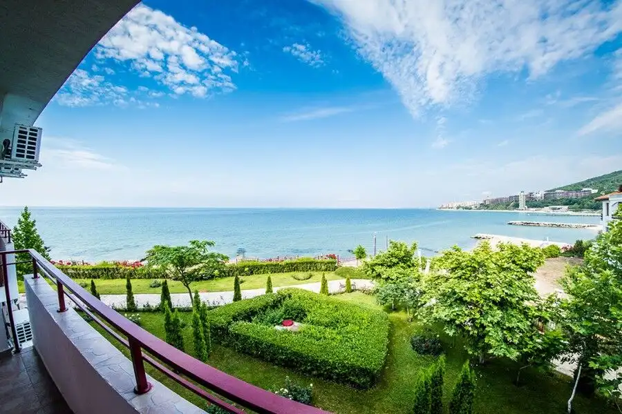 Sea view from balcony overlooking lush gardens and the Black Sea at Privilege Fort, Elenite Resort.