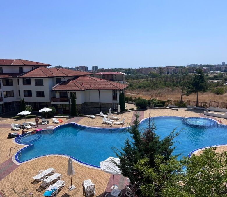 Pool view of Gardenia Hills apartment complex near Sunny Beach.