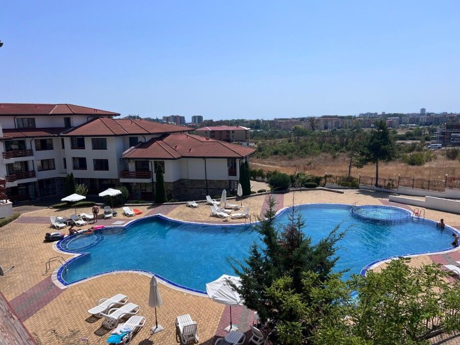 Pool view of Gardenia Hills apartment complex near Sunny Beach.