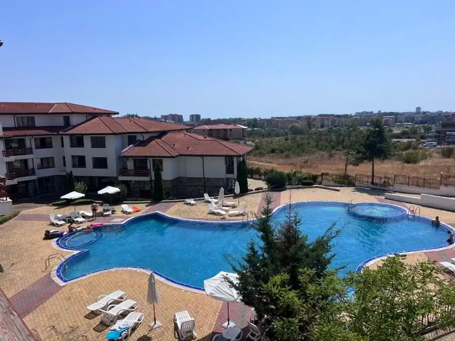 Pool view of Gardenia Hills apartment complex near Sunny Beach.