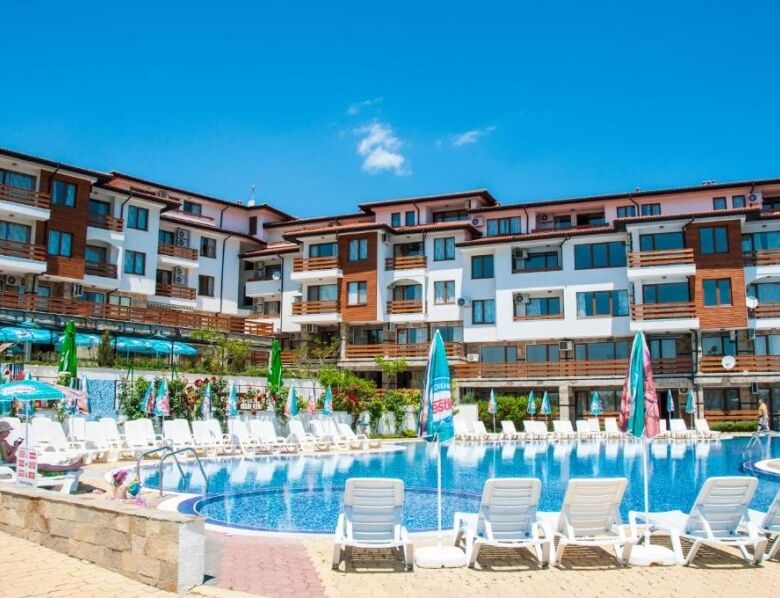 Spacious studio apartment in Gardenia Hills, Sunny Beach, featuring a pool and outdoor amenities for.