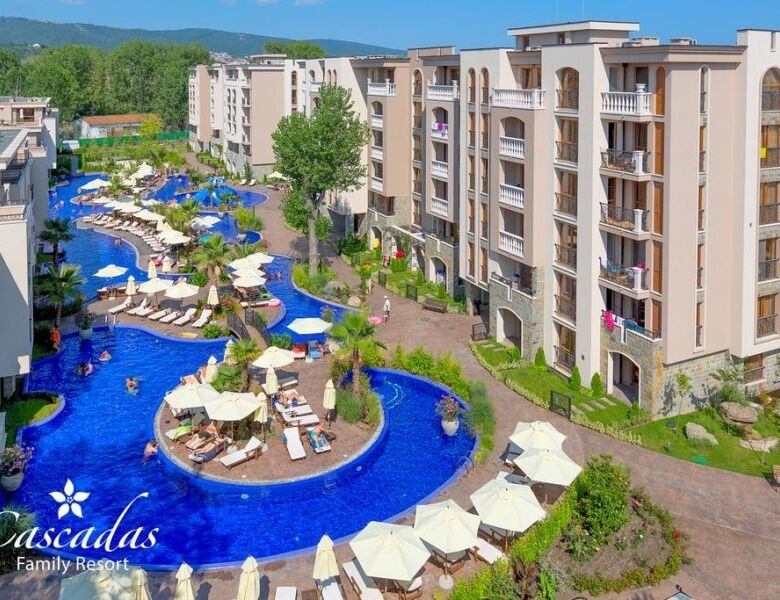 Pool view apartment in Cascadas Family Resort, Sunny Beach, with access to a large swimming pool and.
