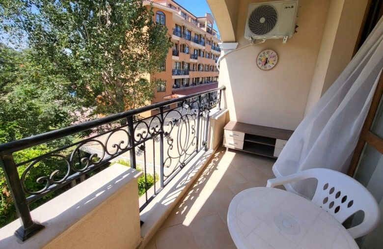 Balcony of a fully furnished 1-bedroom apartment in Seasons-3, Sunny Beach, just 600m from the beach.