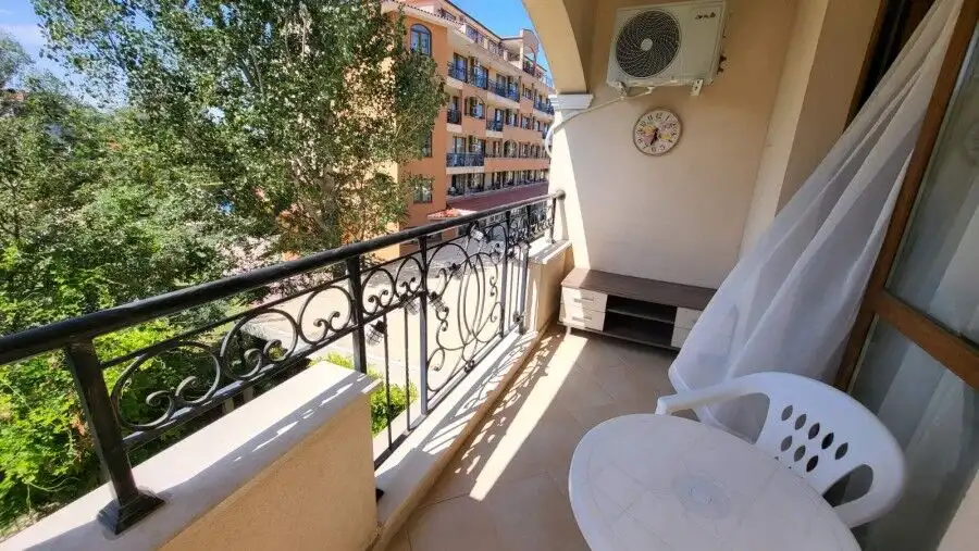 Balcony of a fully furnished 1-bedroom apartment in Seasons-3, Sunny Beach, just 600m from the beach.