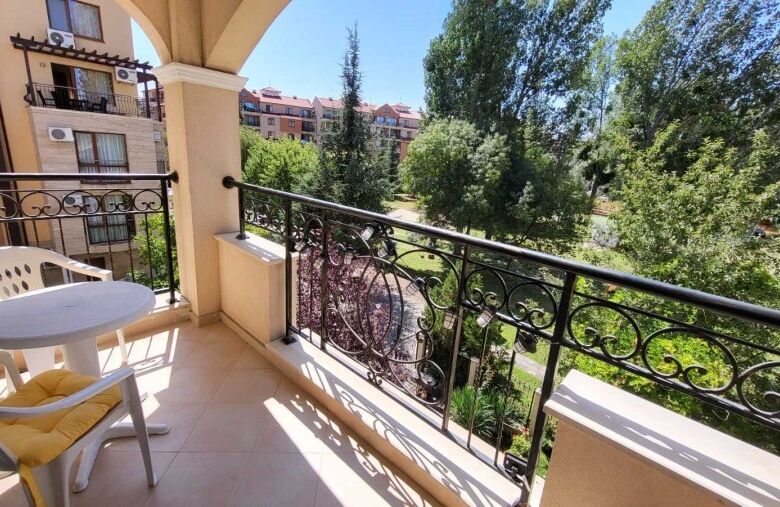 Balcony of a fully furnished 1-bedroom apartment in Sunny Beach, near the beach.