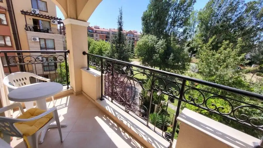 Balcony of a fully furnished 1-bedroom apartment in Sunny Beach, near the beach.