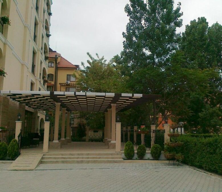 Apartment building entrance in Sunny Beach, Bulgaria, near the beach.