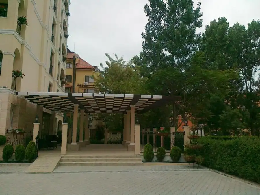 Apartment building entrance in Sunny Beach, Bulgaria, near the beach.