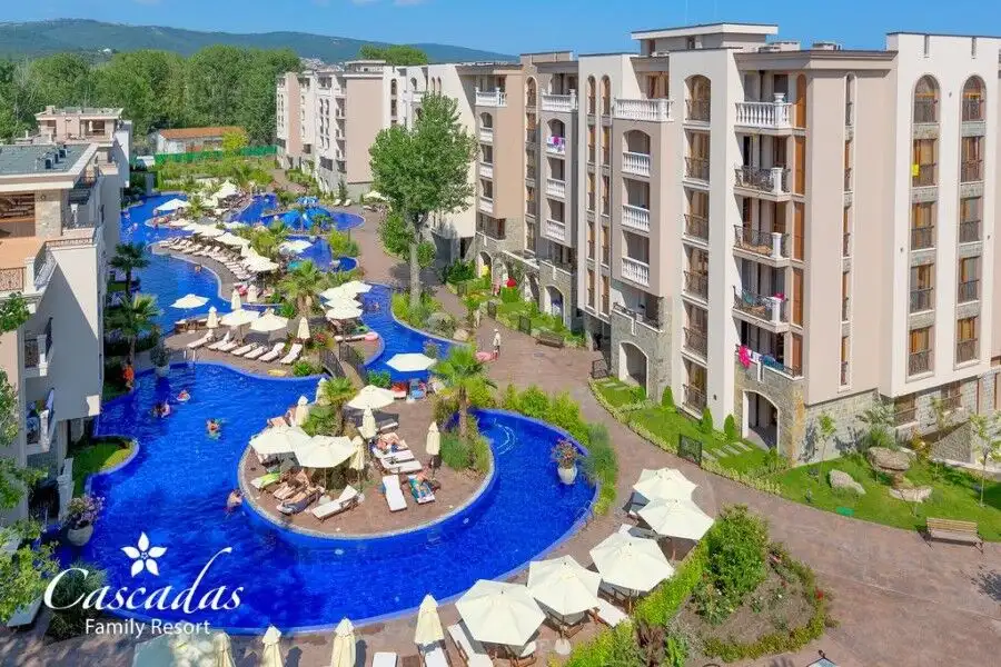 Pool view apartment in Cascadas Family Resort, Sunny Beach, with access to a large swimming pool and.