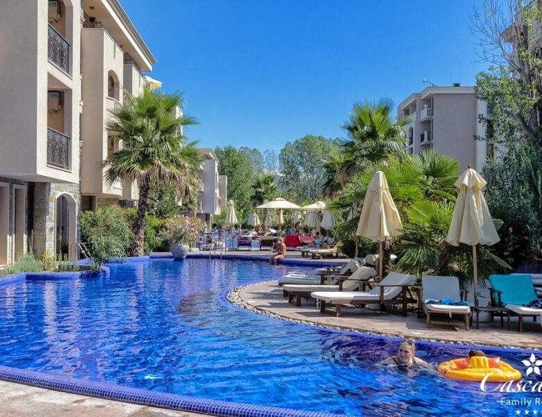 Pool view 3-bedroom apartment in Cascadas Family Resort, Sunny Beach, with modern amenities and spac.
