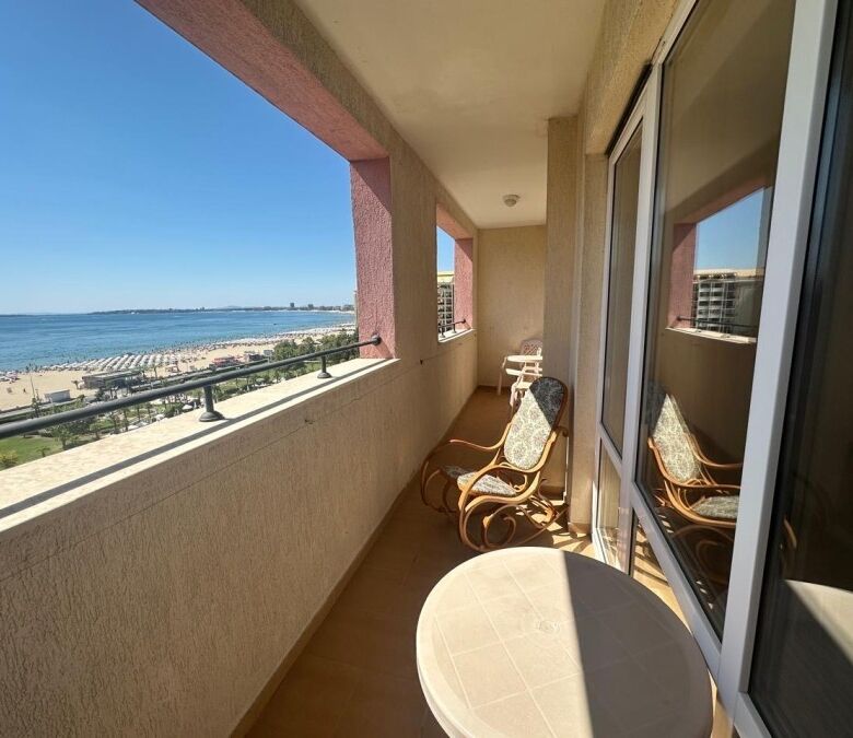 Sea view balcony of a beachfront apartment in Majestic Sunny Beach, offering panoramic ocean vistas.